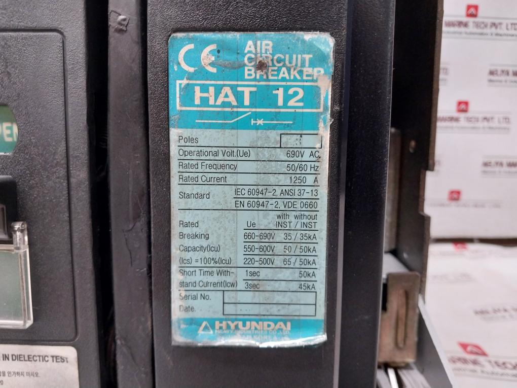Hyundai 3 Poles Air Circuit Breaker Hat 12/3P 690Vac 50/60Hz Aor-1S-as Hats-t