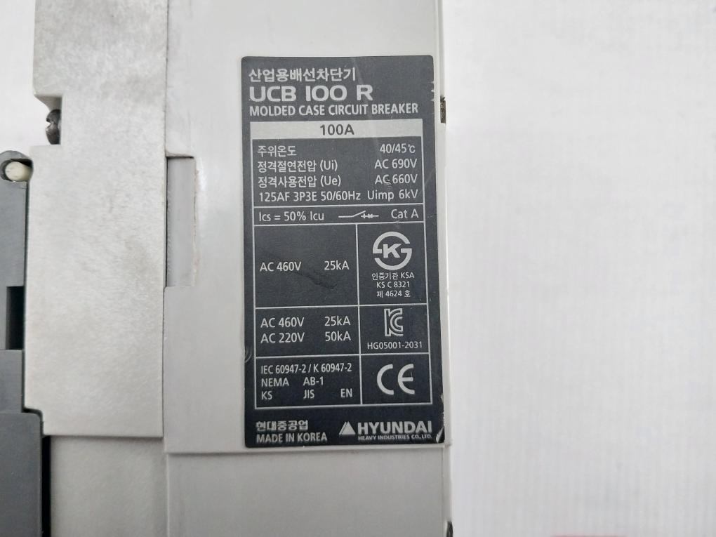 Hyundai Industrial Molded Case Circuit Breaker 50/60Hz Ac 690V Part No Ucb 100 R
