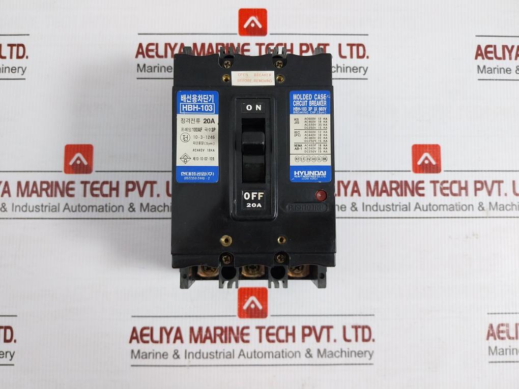 Hyundai Molded Case Circuit Breaker Ac440V Pole 3 Hbh-103 20A