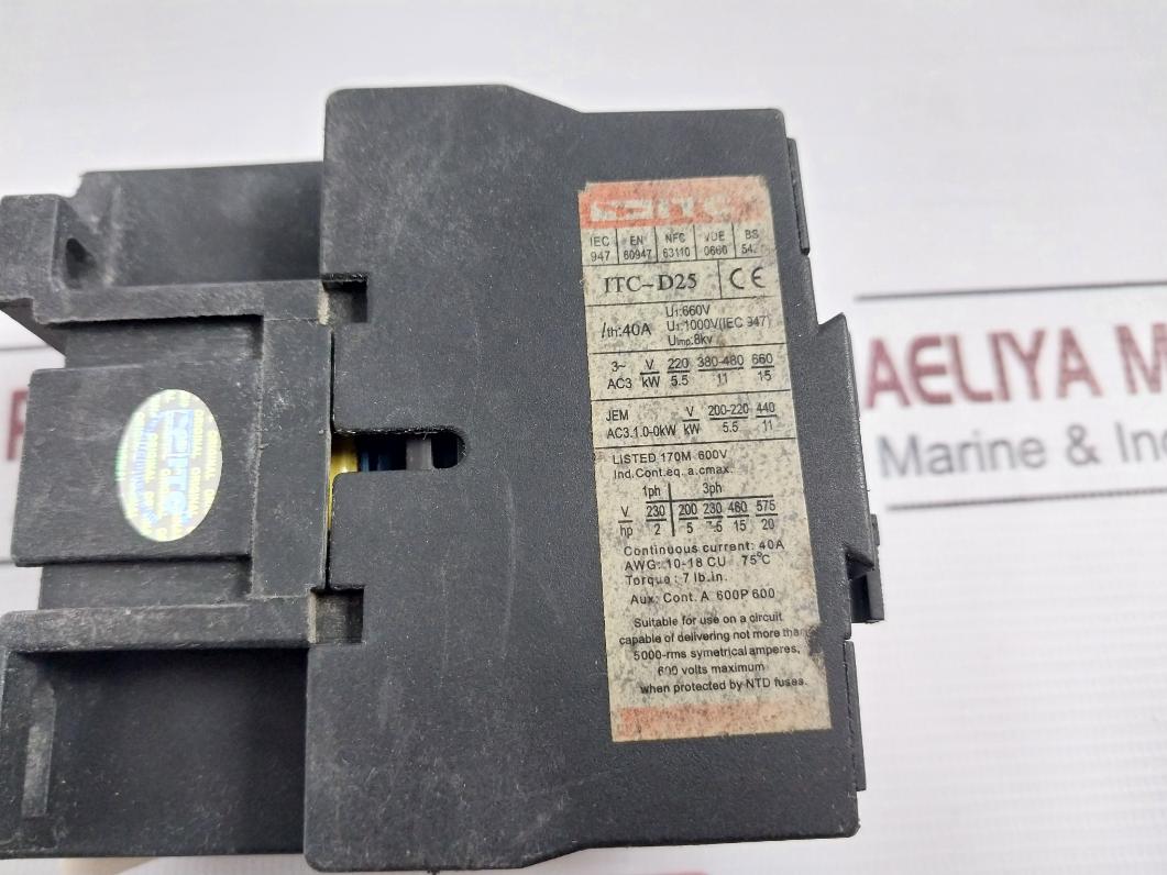 Itc D2510 Contactor 40A 660V 600Vac 8Kv Jem Ac3.1.0-0Kw 220-240V 50-60Hz