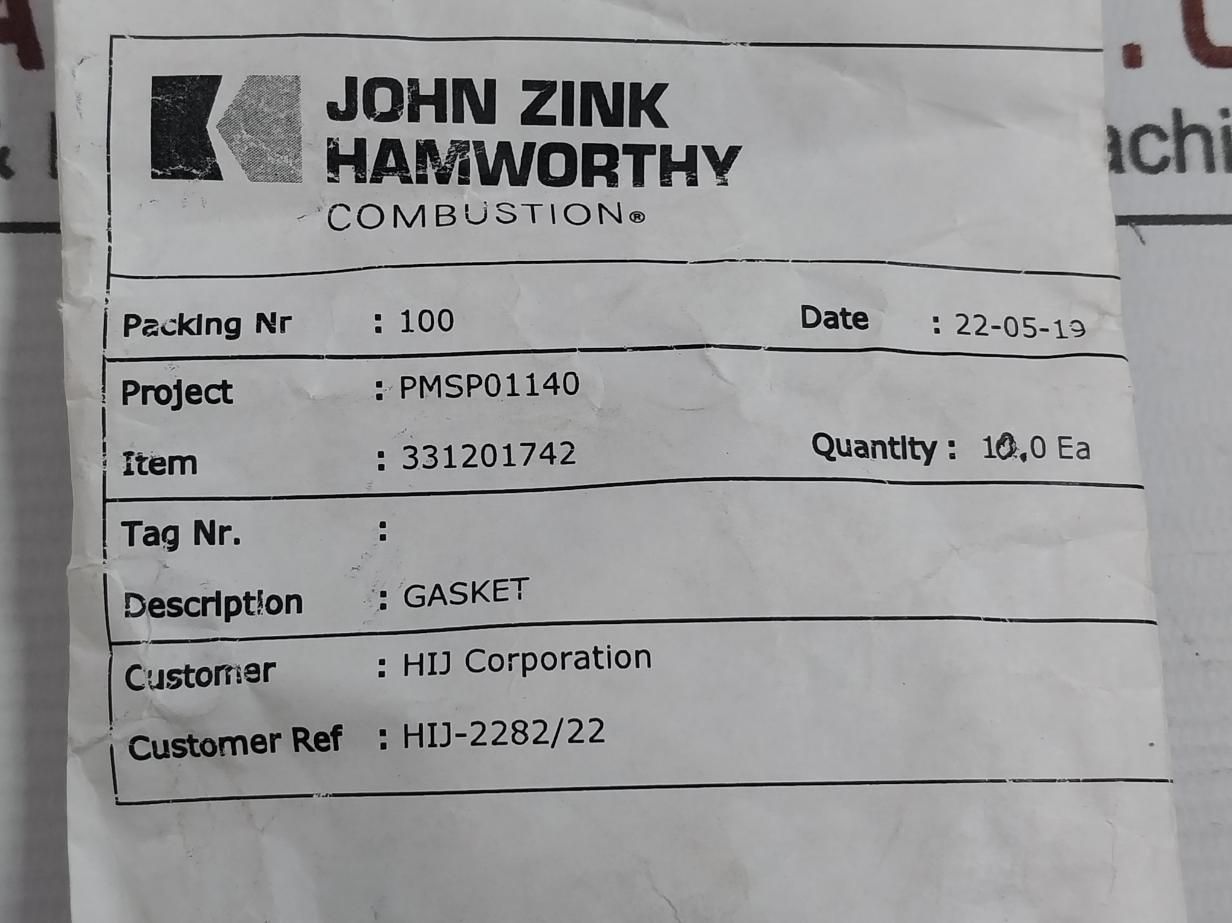 John Zink Hamworthy 331201742 Gasket (1Pack = 10Pcs)