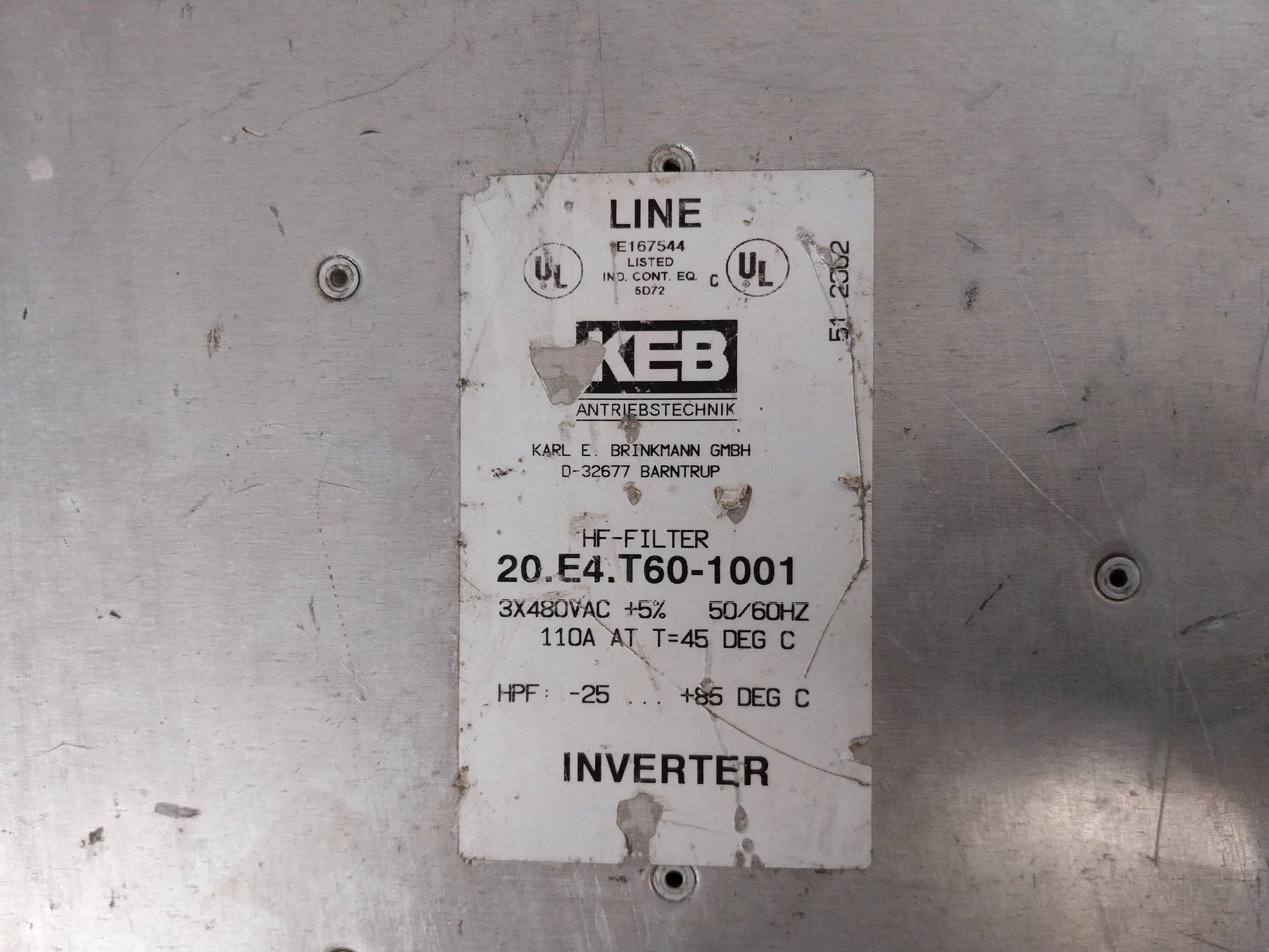 Keb 20.E4.T60-1001 Hf-filter 50/60Hz E167544 690V 50Mm2 600V 125A 6-1/0Awg
