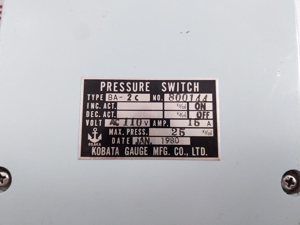 Kobata Pressure Switch 25Kg/Cm2 15A Ba-2C Ac 110 V
