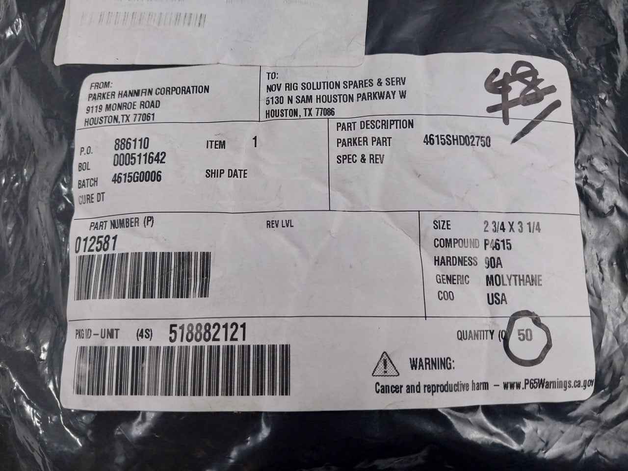 Lot Of 10X Parker 012581 Wiper Ring Seal 2-3/4 X 3-1/4 90A 4615Shd02750