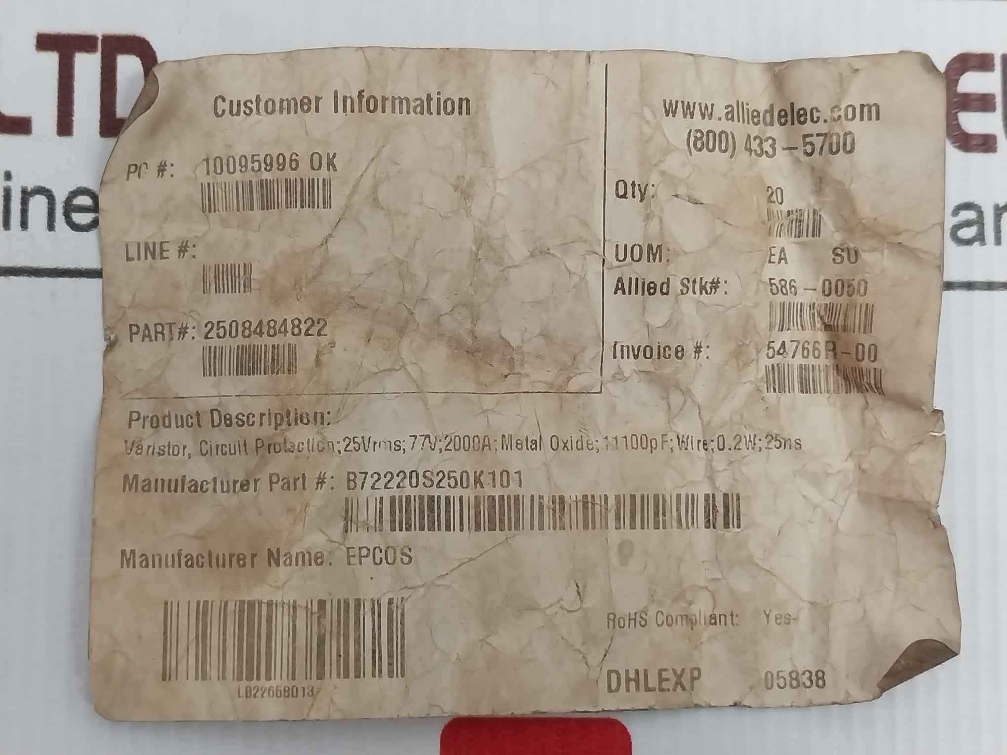 Lot Of 19x Epcos B72220s250k101 Varistor 77v 25vrms 0.2w 2508484822