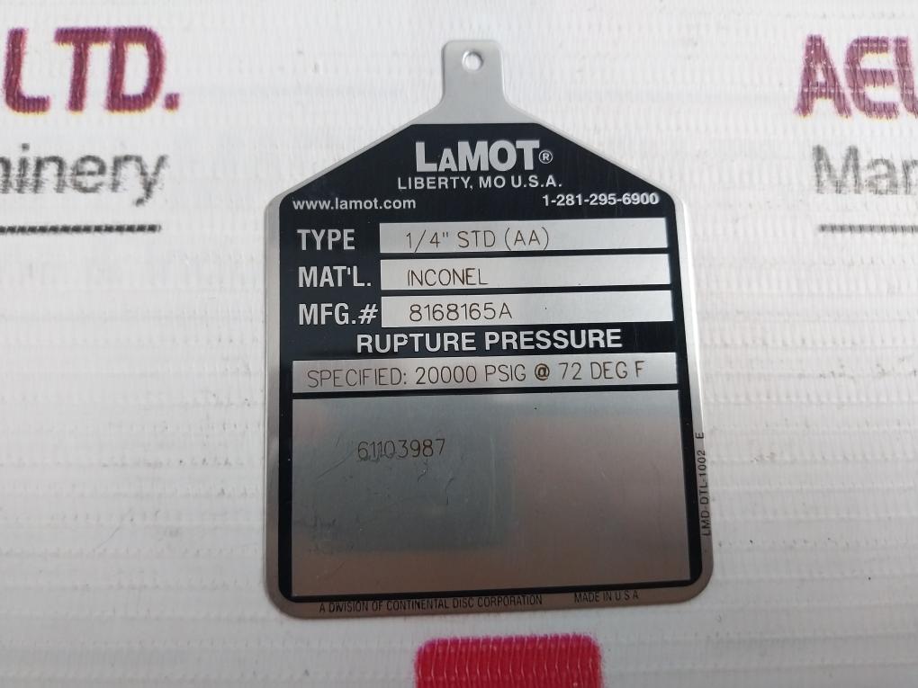 LAMOT CS2160203 1/4" STD (AA) Rupture Disc 20,000 PSI