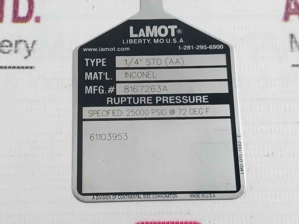 Lot Of 4X Lamot 1/4" Std (Aa) Rupture Pressure Disc 25000 Psig