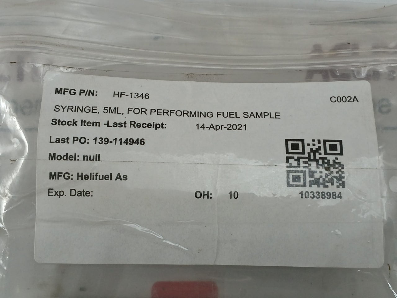 Lot Of 5X Hf-1346 Fuel Sample Injector Record Nozzle 5Ml Asc