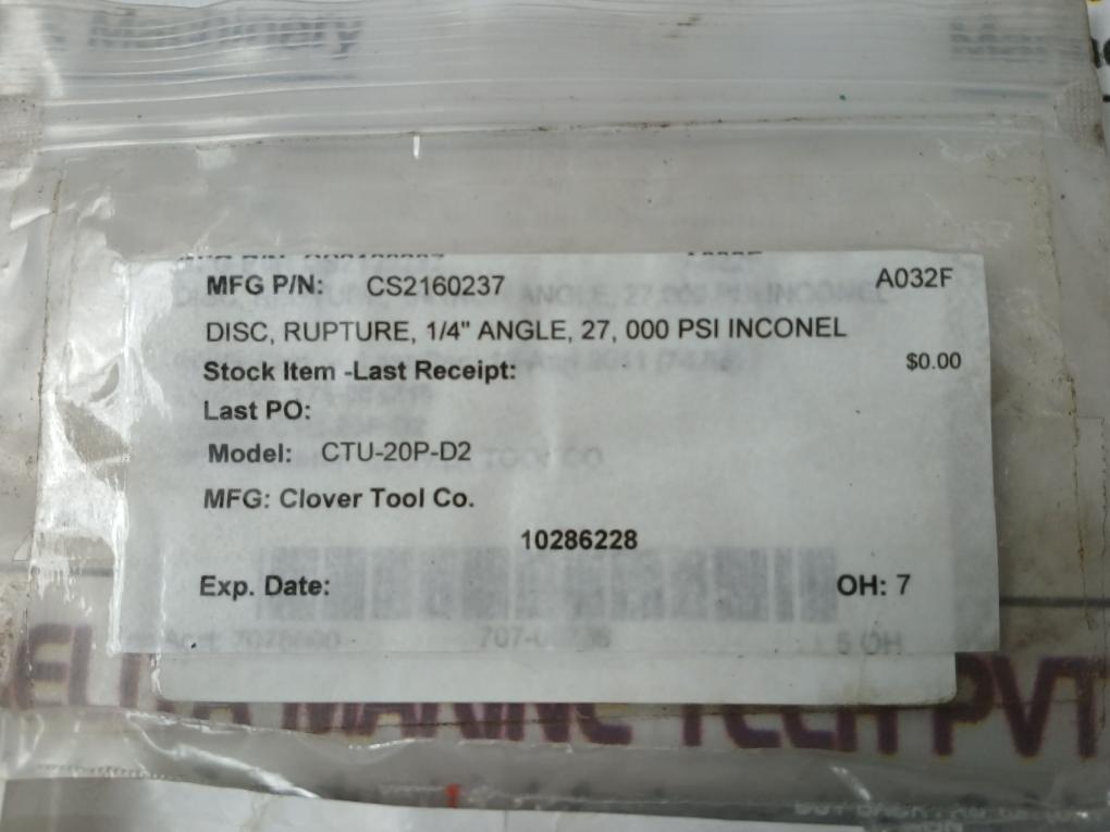Lamot 1/4" Std (Aa) Rupture Pressure Disc Ctu-20P-d2 27000 Psig 72 F
