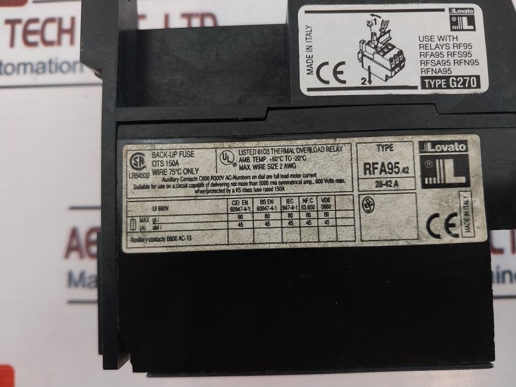 Lovato Rfa95.42/G270 Thermal Overload Relay With Mouting Base