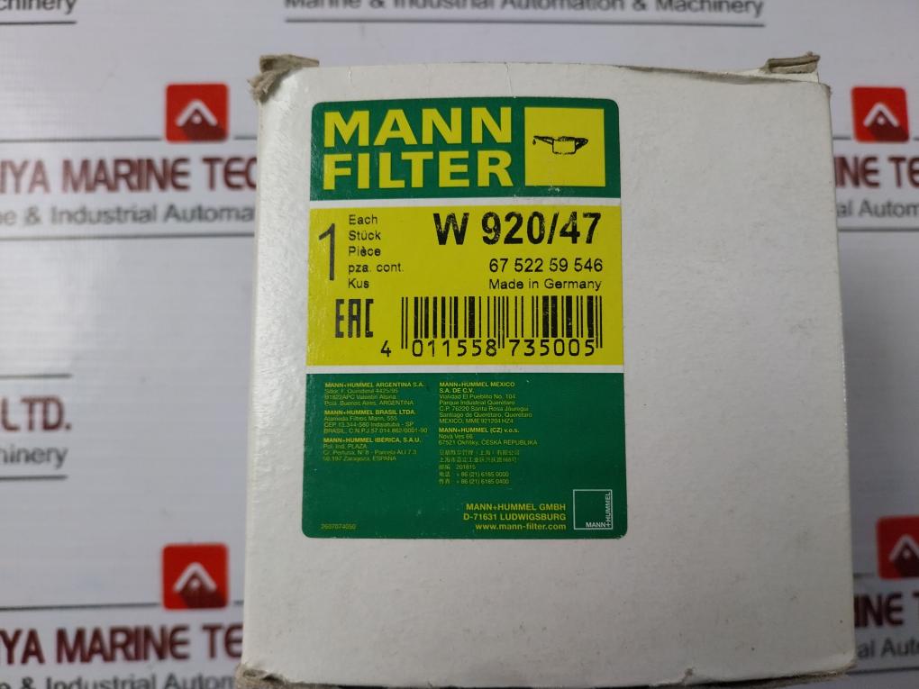 Mann Filter W 920/47 Oil Filter 2607074050
