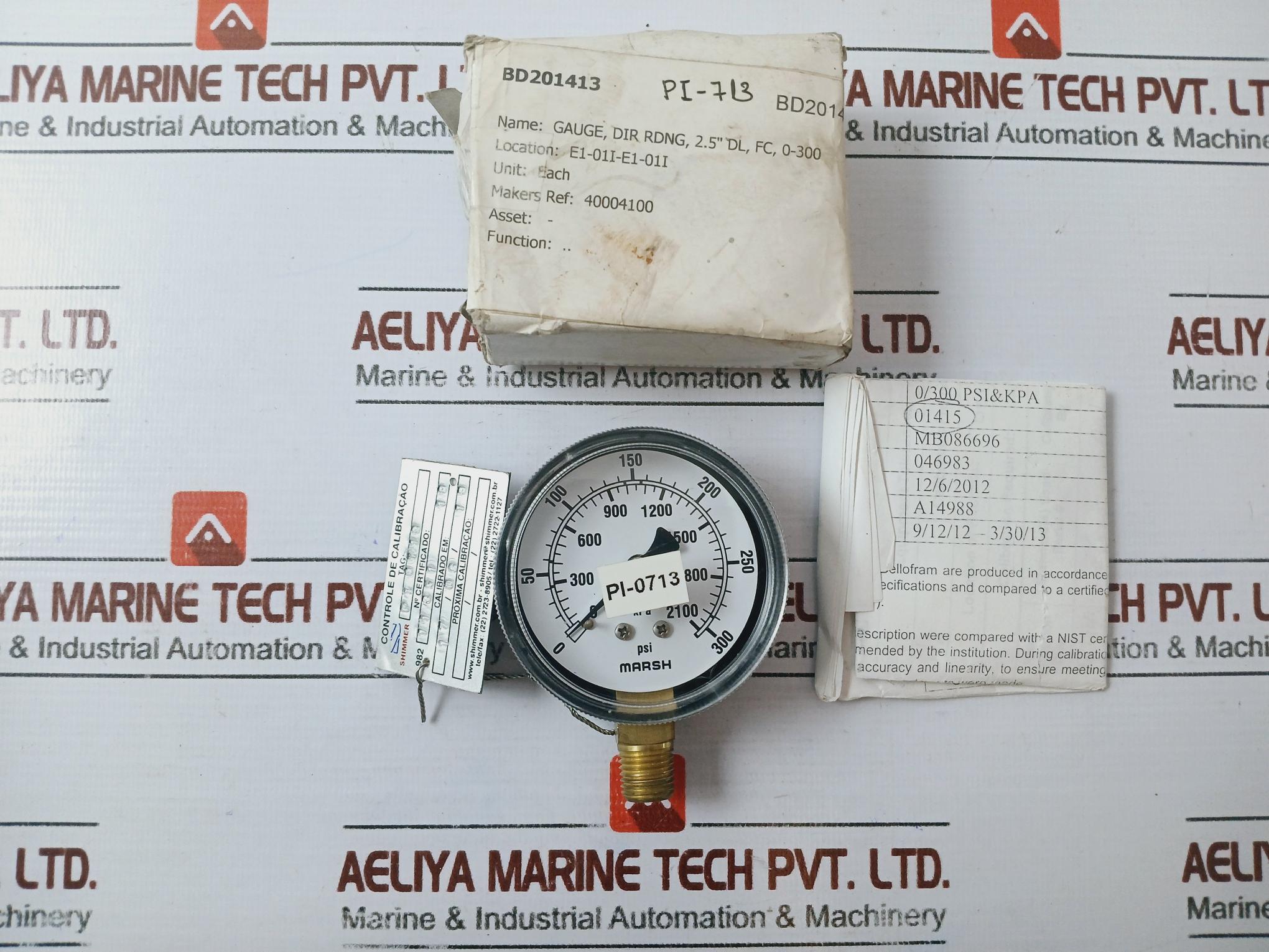 Marsh Gauge 0-300 Psi / 0-2100 Kpa 2.5" Dial