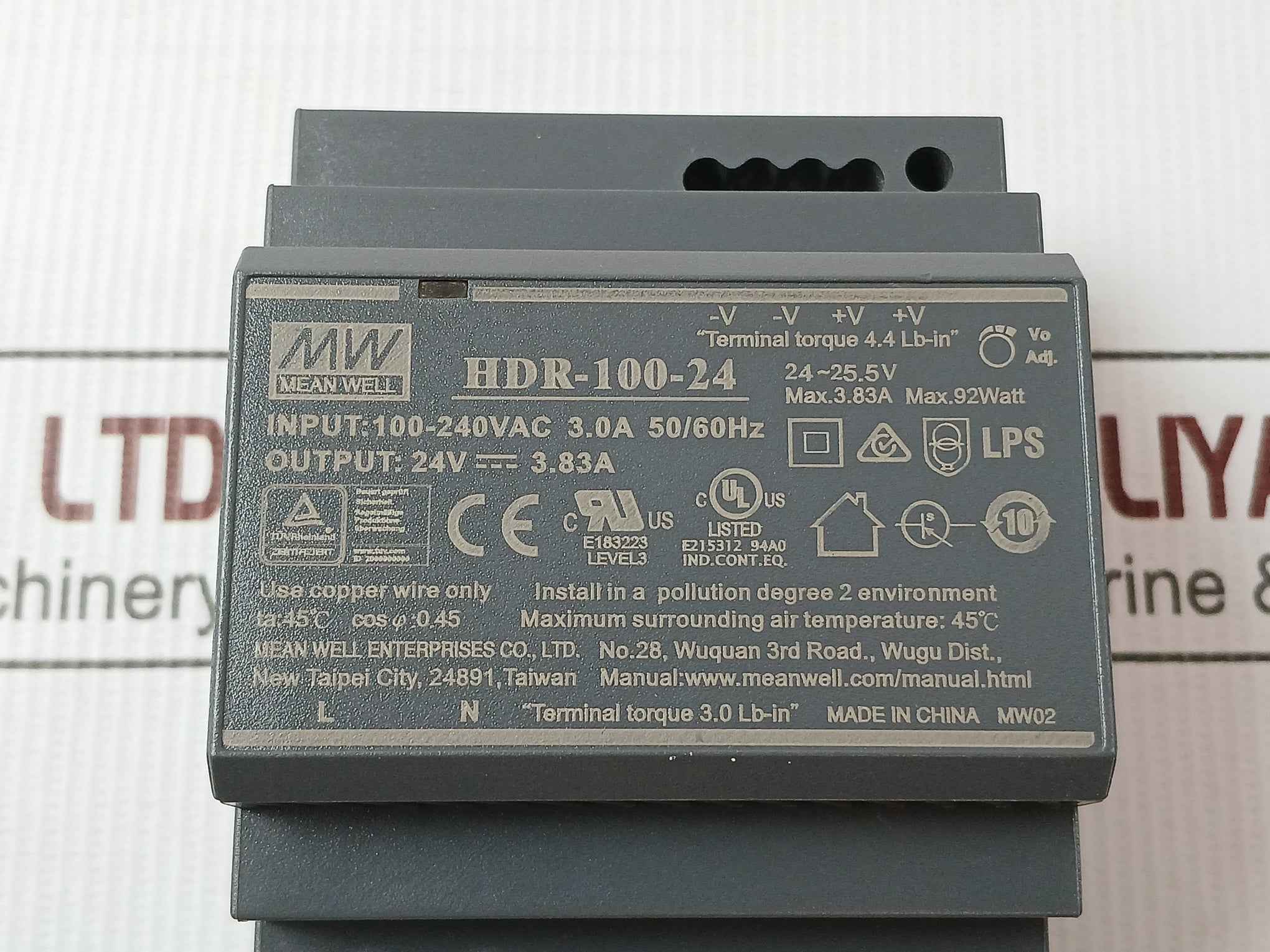 Mean Well Hdr-100-24 Rail Power Supply 100-240Vac 3.0A 50/60Hz 45°C
