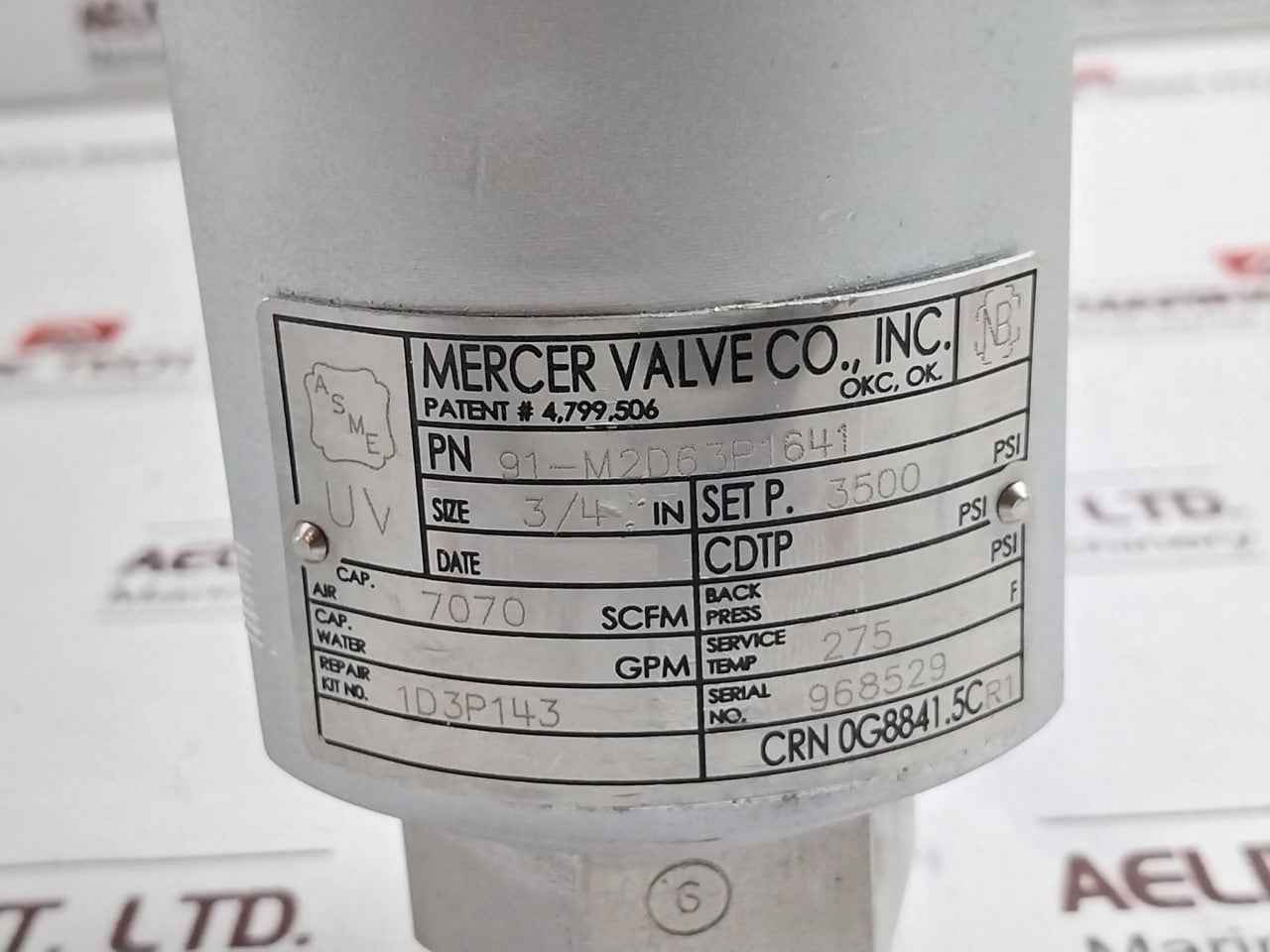 Mercer 91-m2D63P1641 Safety Relief Valve 3500 Psi 1D3P143