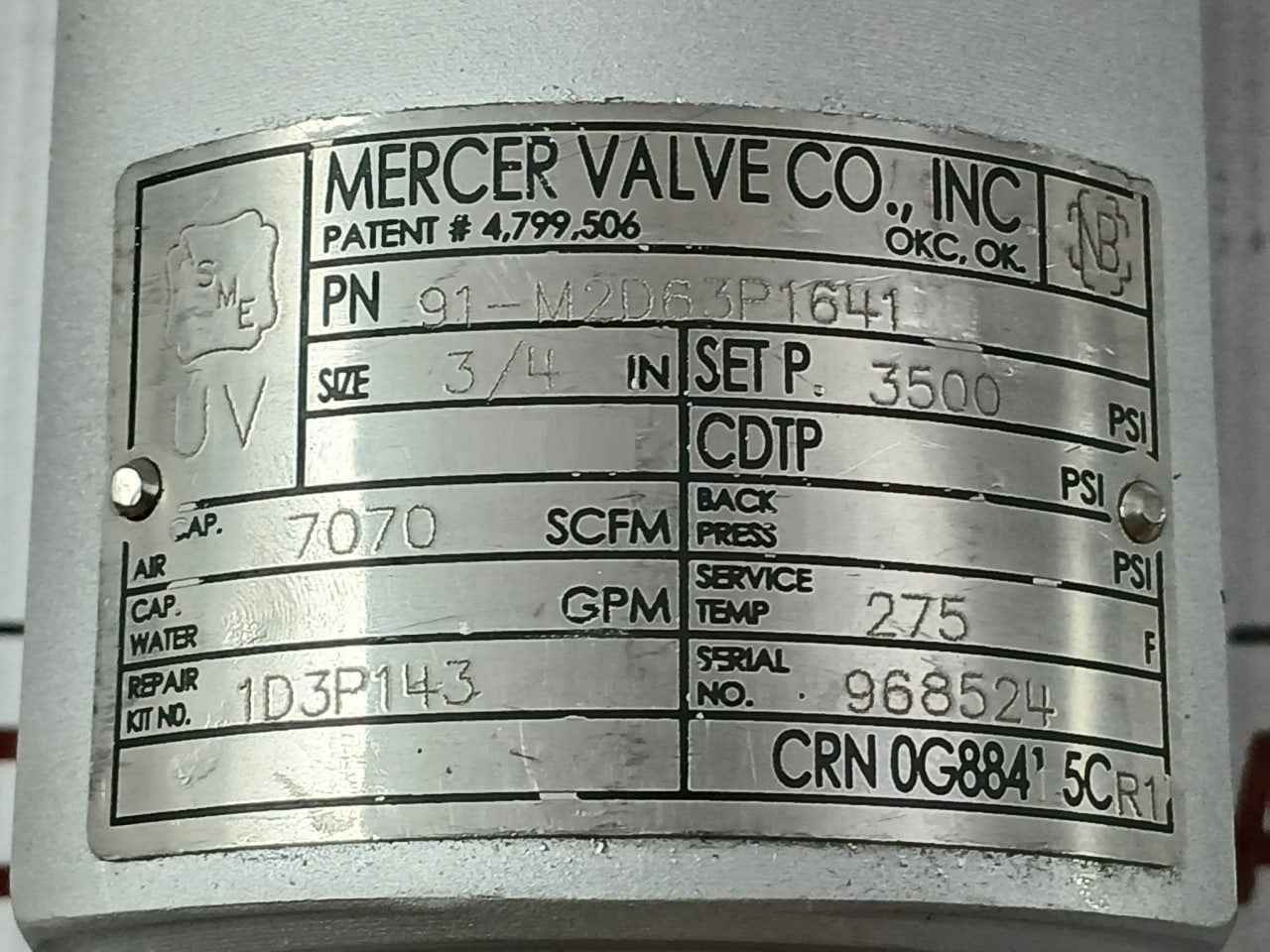 Mercer Valve 91-m2D63P1641 3/4" Safety Relief Valve 3500 Psi