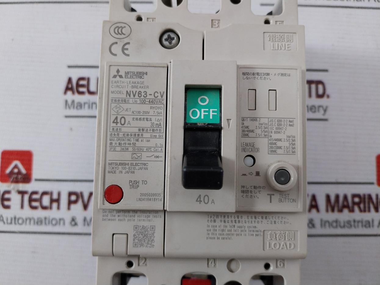 Mitsubishi Electric Nv63-cv Earth Leakage Circuit Breaker 7.5 Ka 50/60Hz 40C
