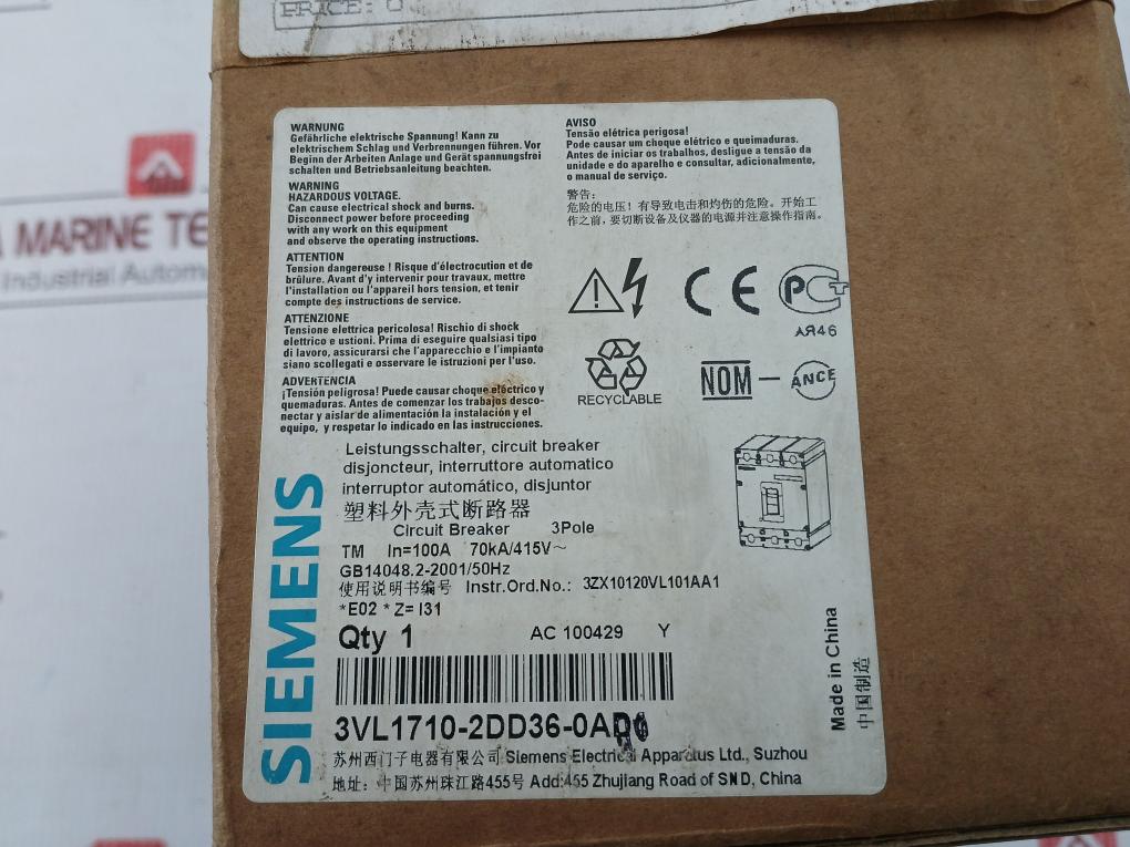 Molded-Circuit-Breaker-By-Siemens-3vl1710-2dd36-0aa0-Vl160x-50-60hz-415-Vac-100a-13
