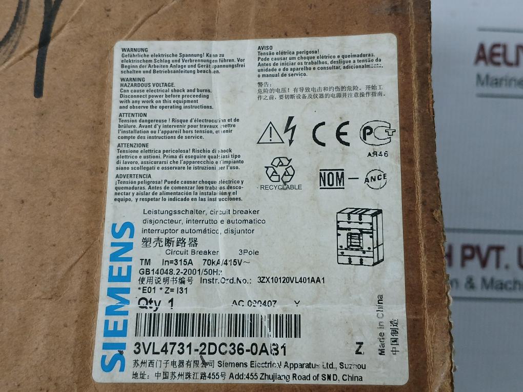 Molded Case Circuit Breaker 3Vl4731-2Dc36-0Ab1 Siemens 415V Ac 50/60Hz