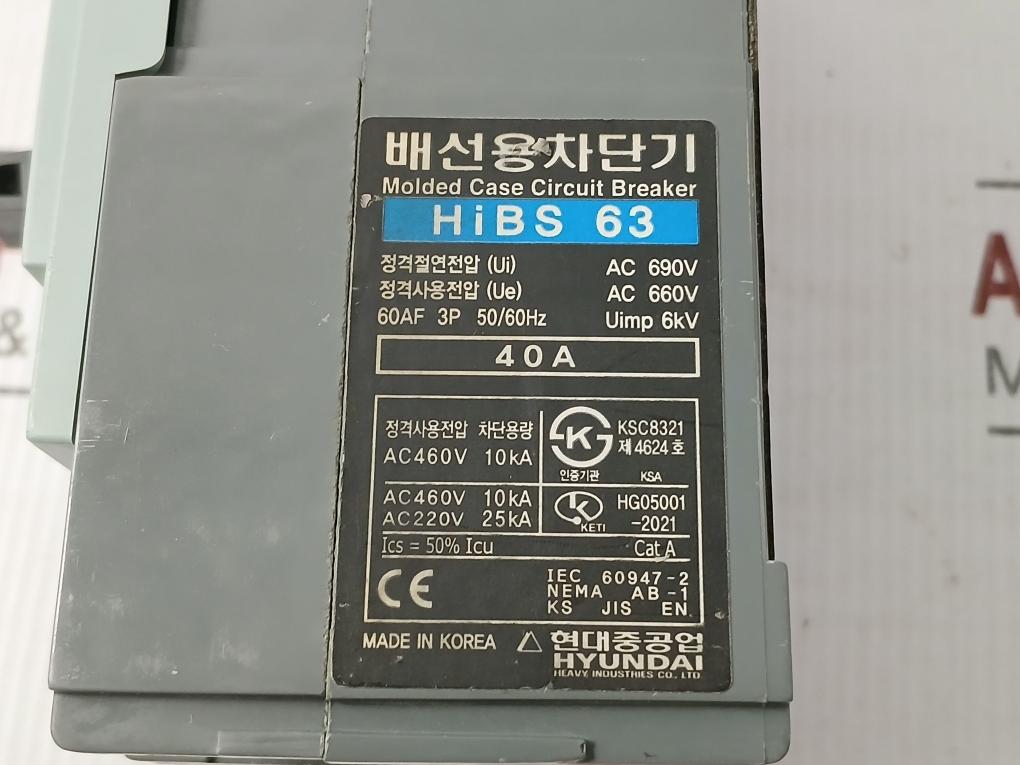 Molded Case Circuit Breaker 50/60Hz Ac 690V Hyundai Hibs 63