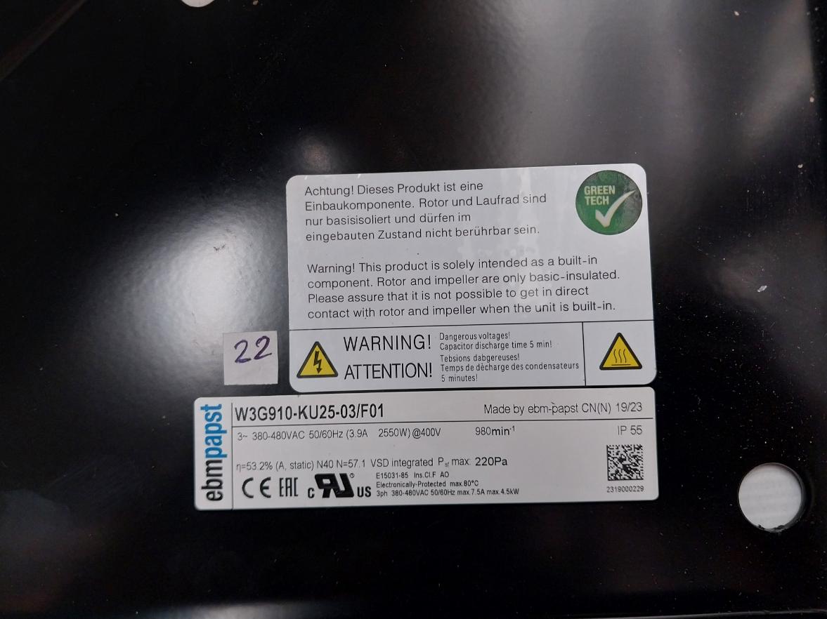 Ebm-papst Axial Flow Cooling Fan W3G910-ku25-03/F01 3Ph 380-480Vac 50/60Hz