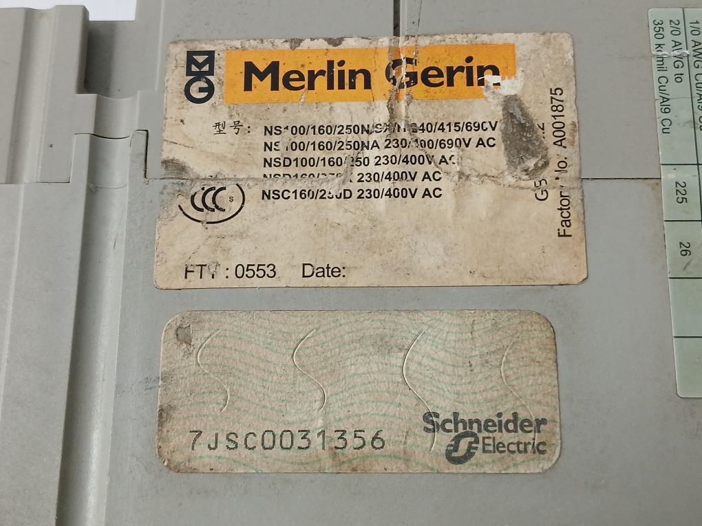 Ns100 N Molded Case Circuit Breaker 750V 50/60Hz Merlin Gerin