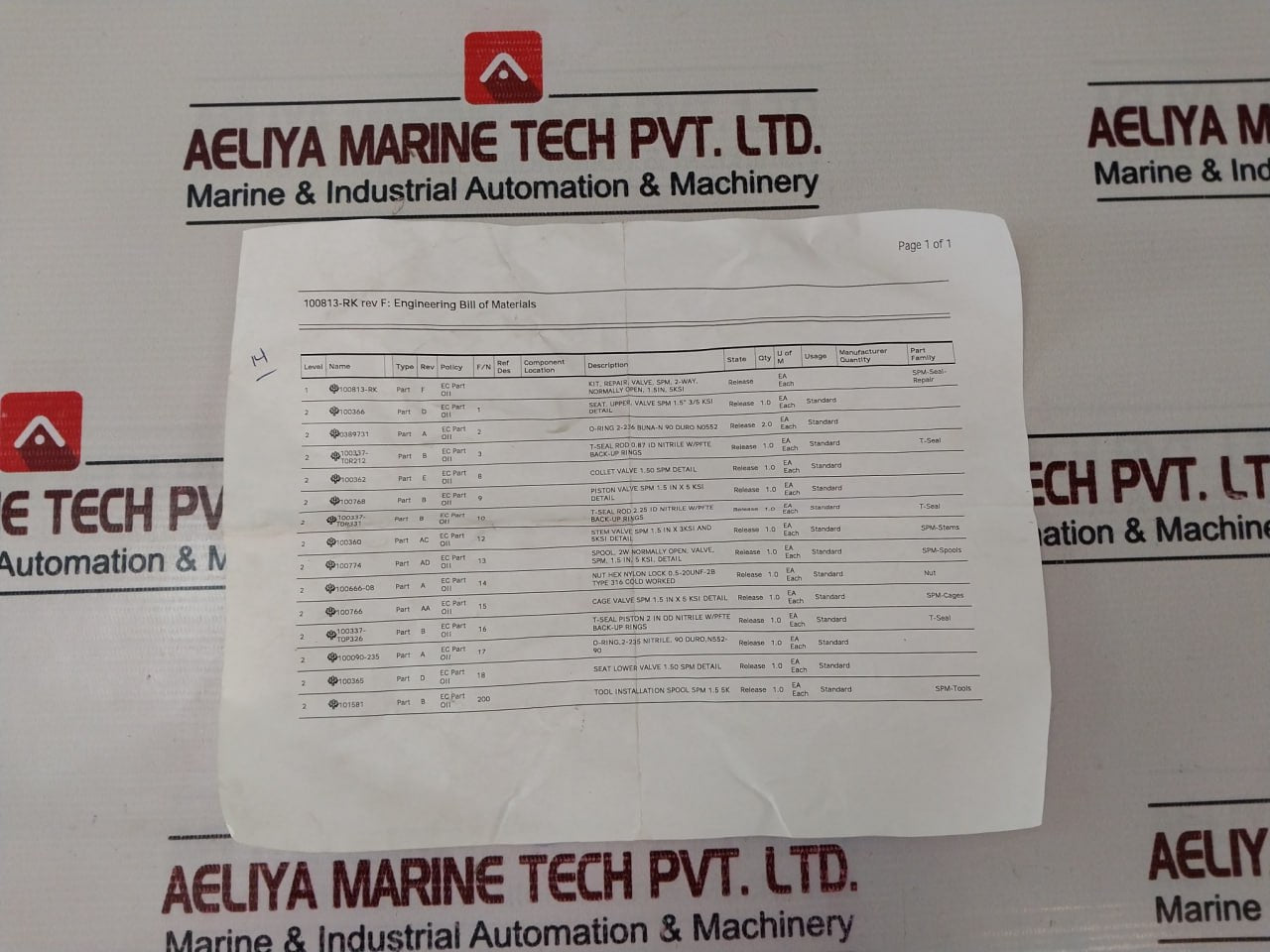 Oceaneering 100813-rk Valve Repair Kit 100768 Rev B