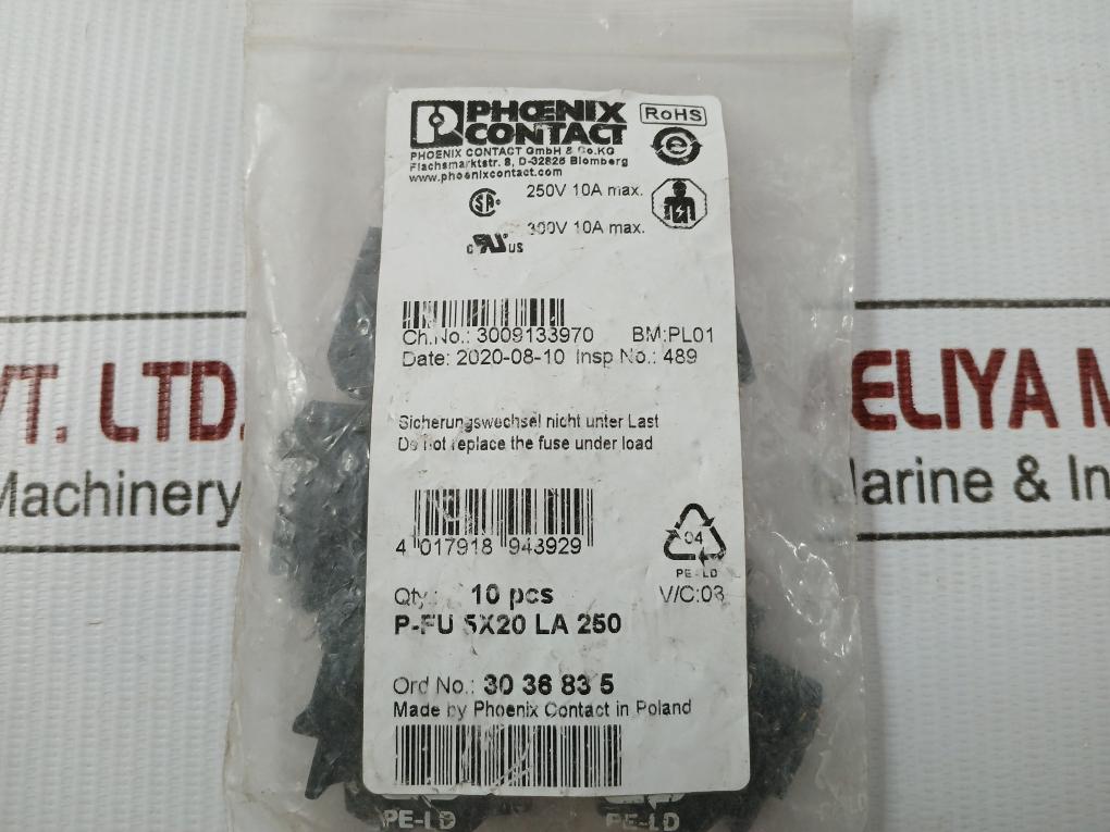 Pack Of 10X Fuse Plug P-fu 5X20 La 250 Phoenix Contact 250V 10A Max