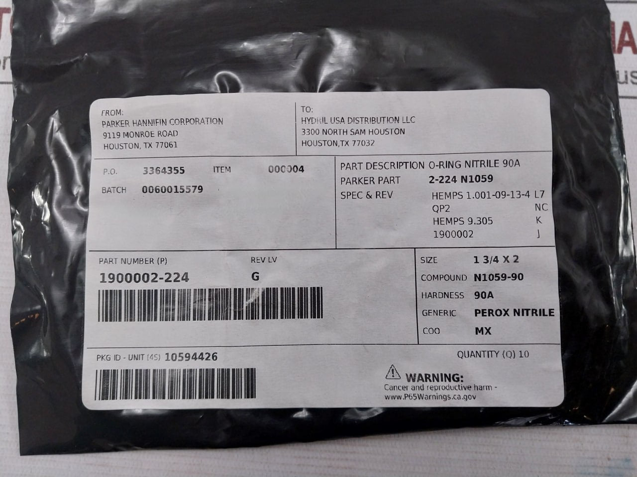 Parker 1900002-224 O-ring For Pod Wedge Seal 90A 90 Duro 2-224