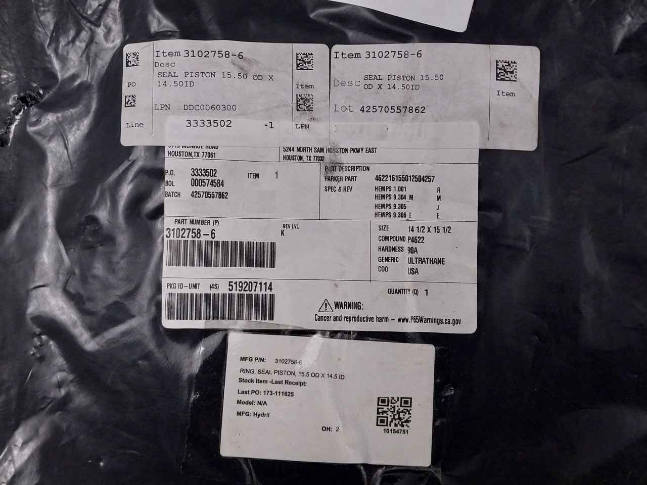 Parker 3102758-6 Ring Seal Piston 15.50 Od X 14.50 Id, Rev Lvl:K, 14 1/2X15 1/2