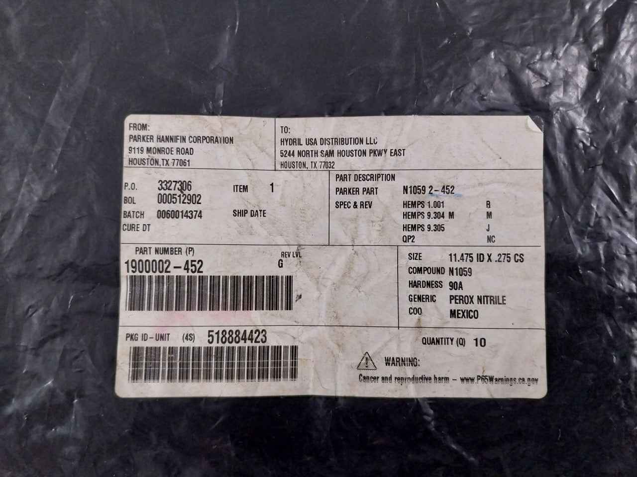 Parker Hannifin 1900002-452 Anel-o/O-ring 90 Duro 2-452 11.475 Id X .275 Cs