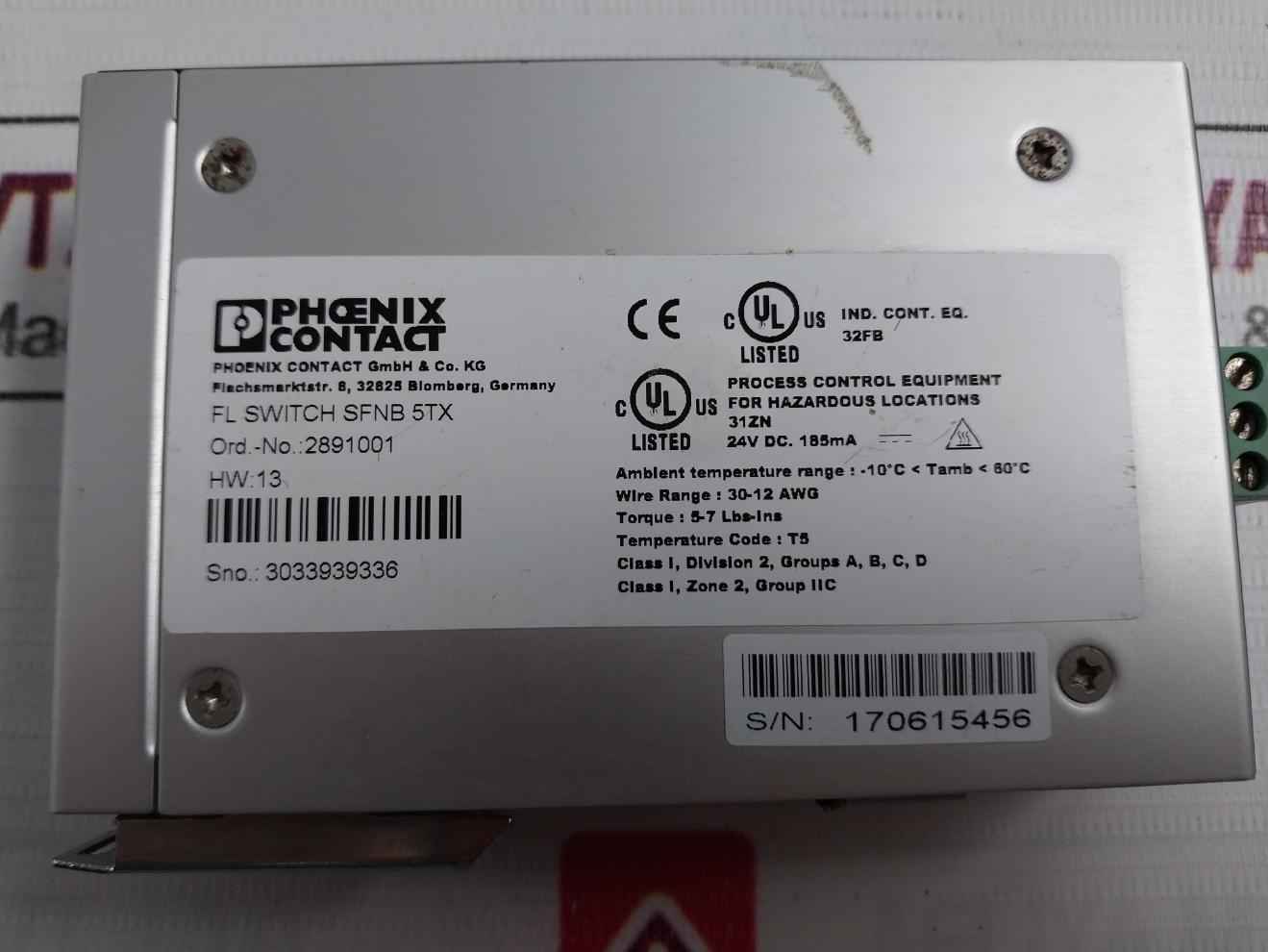 Phoenix Contact 2891001 Ethernet Switch 24V Dc 185Ma 30-12 Awg