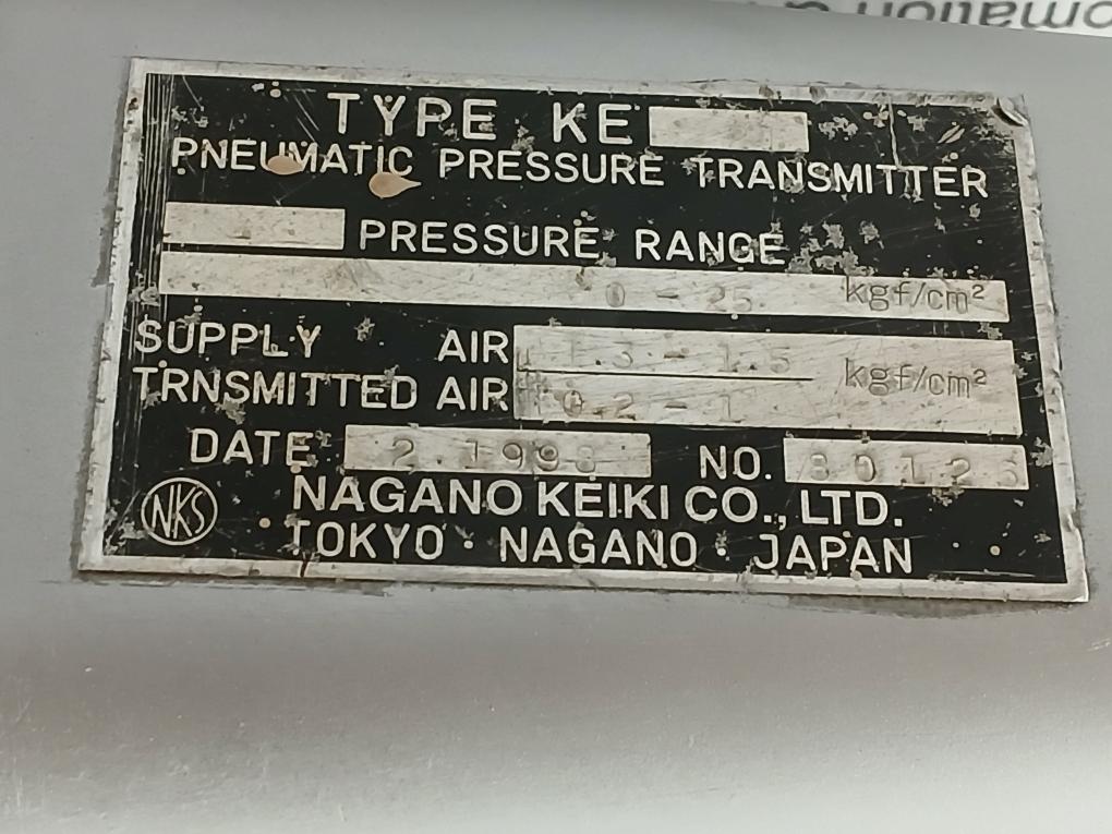Pneumatic Pressure Transmitter 0-25 Kgf/Cm2 Nagano Keiki Ke 21