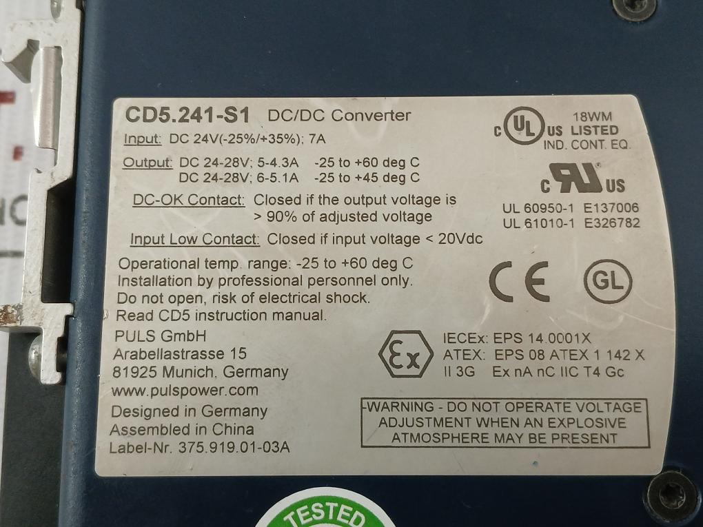 Puls Dc/Dc Converter Dc 24V Cd5.241-s1