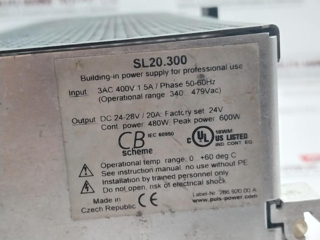 Puls Sl20.300 Din Rail Power Supply 3Ac 400V 1.5A/Phase 50-60Hz