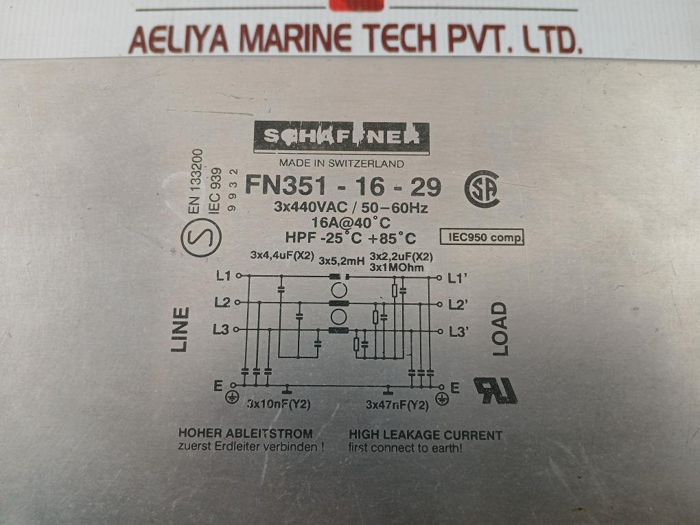 Schaffner 50-60 Hz Power Line Filter Fn351-16-29
