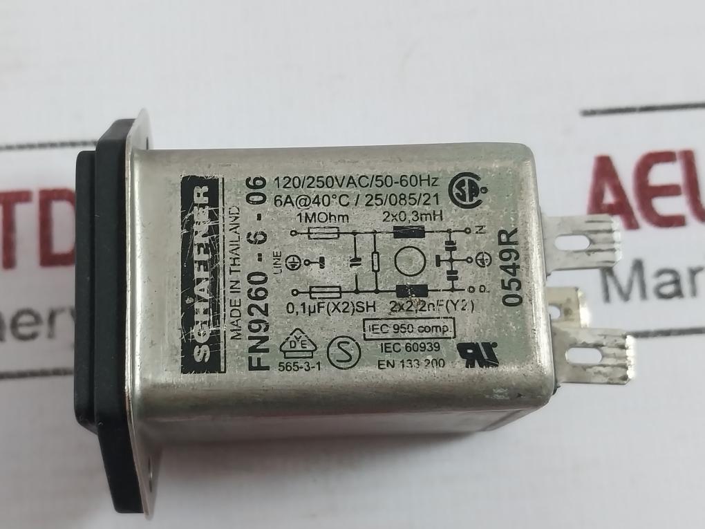 Schaffner Fn9260-6-06 Power Line Filter 120/250Vac 50-60 Hz Iec 60939 6A At 40C