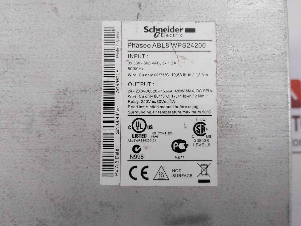 Schneider Electric Abl8Wps24200 Regulated Switch Power Supply 50/60 Hz 250Vac