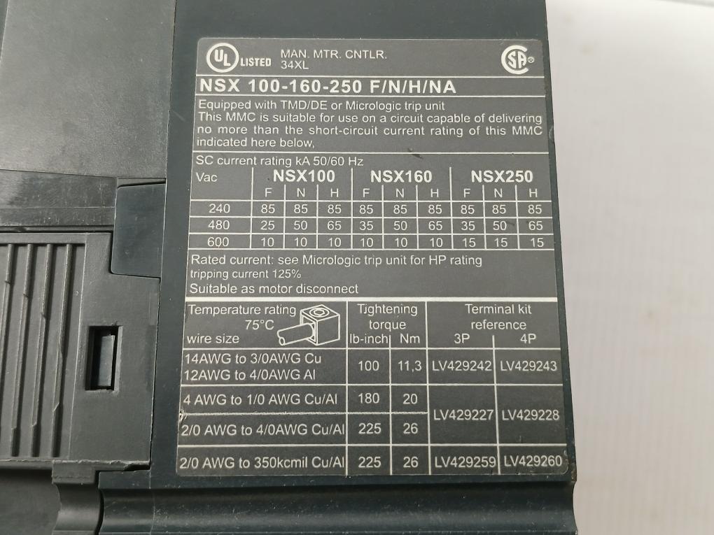 Schneider Electric Compact Circuit Breaker 3N161521058 800V 50/60Hz Part No Nsx 250N