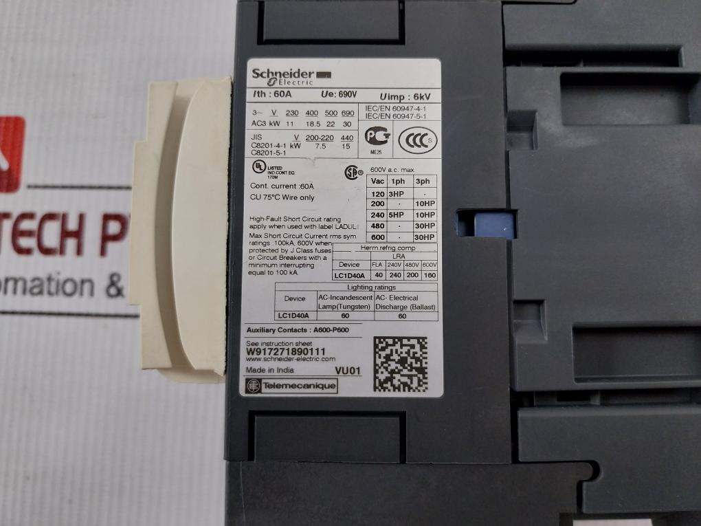 Schneider Electric Contactor 60A 600V 50/60Hz Part No Lc1D40A