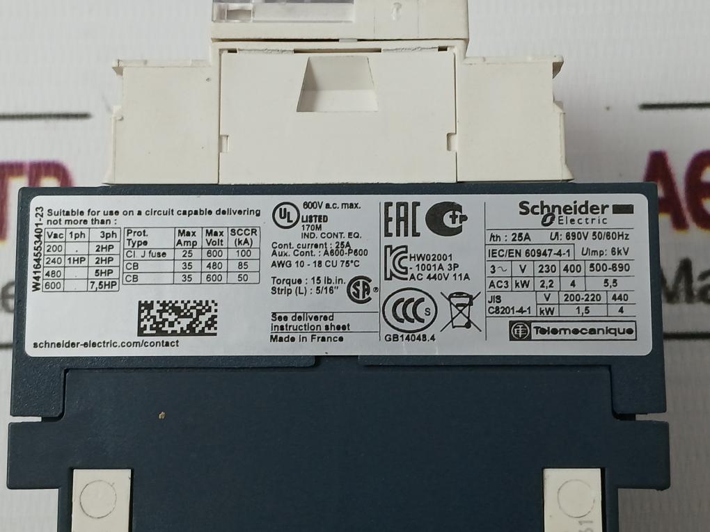 Schneider Electric Lc1D09Bd Contactor 25A 50/60Hz