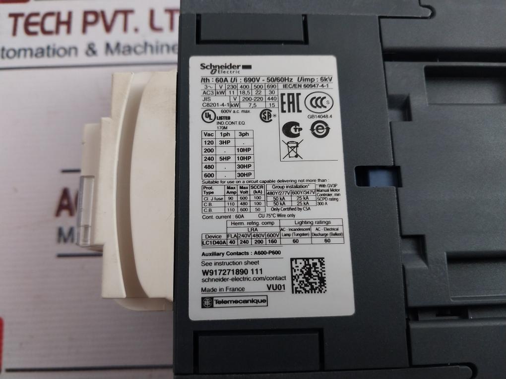 Schneider Electric Lc1D40Ar7 3 Pole Contactor 440V 50/60Hz