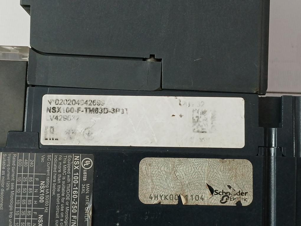 Schneider Nsx 100F Compact Circuit Breaker+Plug In Base Nsx100-160-250 F/N/H/Na