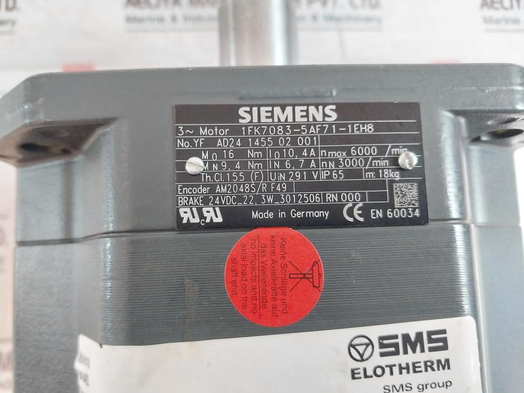 Siemens 1Fk7083-5Af71-1Eh8 Servo Motor Ip65 291 V