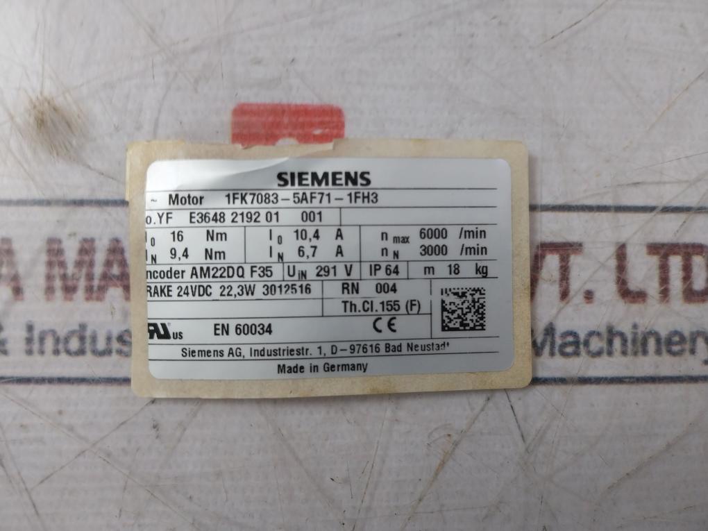 Siemens 1Fk7083-5Af71-1Fh3 Synchronous Servo Motor 6000Rpm Ip64