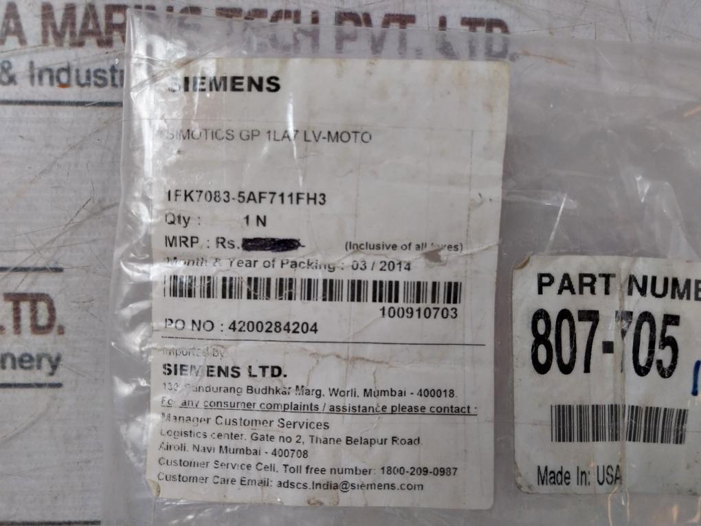 Siemens 1Fk7083-5Af71-1Fh3 Synchronous Servo Motor 6000Rpm Ip64