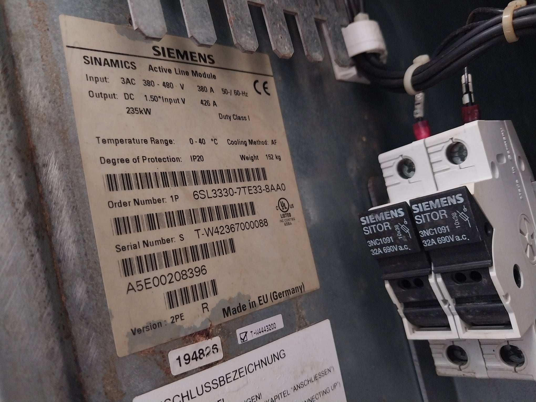 Siemens Sinamics S120 1P 6Sl3330-7Te33-8Aa0 Active Line Module In Dc 510-750V