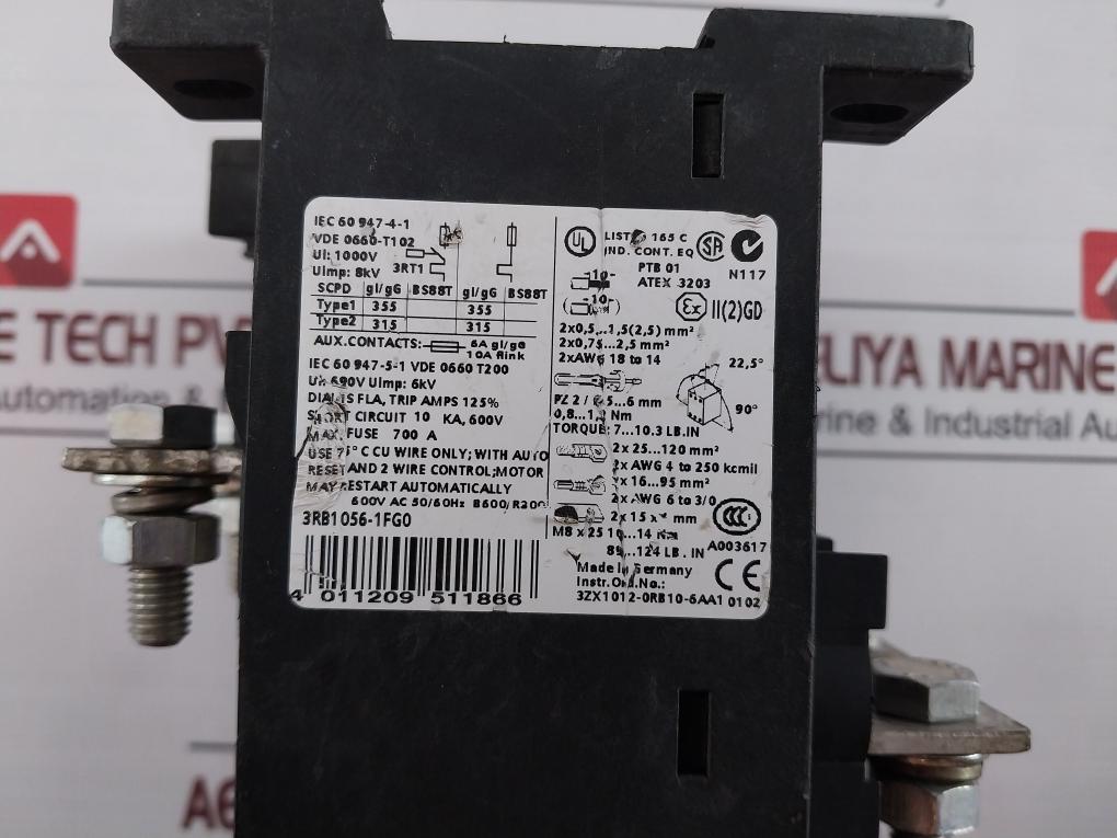 Siemens 3Rb1056-1Fg0 Overload Relay 50 To 200A 1000V 8Kv 690V 600Vac 50/60Hz