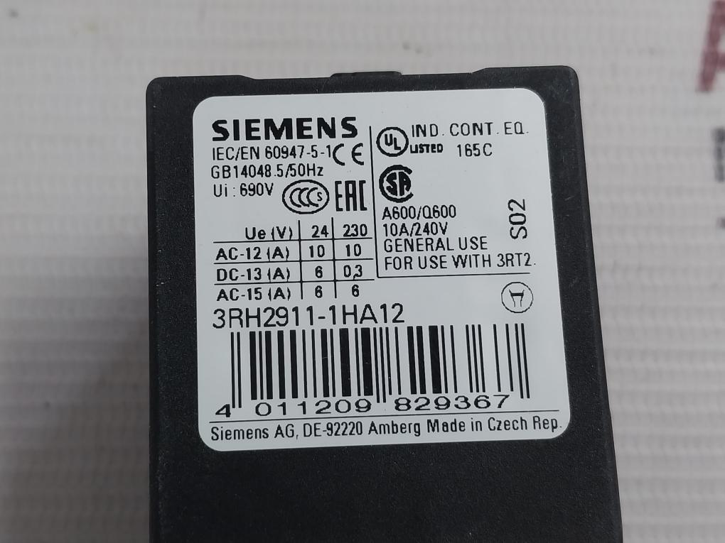 Siemens 3Rh2911-1Ha12 Auxiliary Switch Block Gb14048.5/50Hz 10A/240V 690V