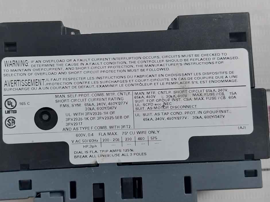 Siemens 3Rv2011-0Ea10 Sirius Circuit Breaker Iec/En/K 60947-4-1/50/60Hz