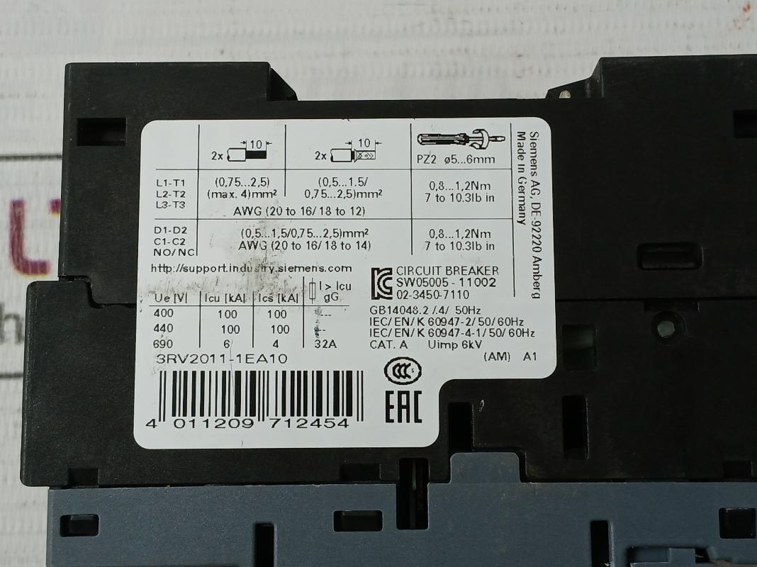 Siemens 3Rv2011-1Ea10 Circuit Breaker -20C Ta 60C 2,8-4A Max 50/60Hz